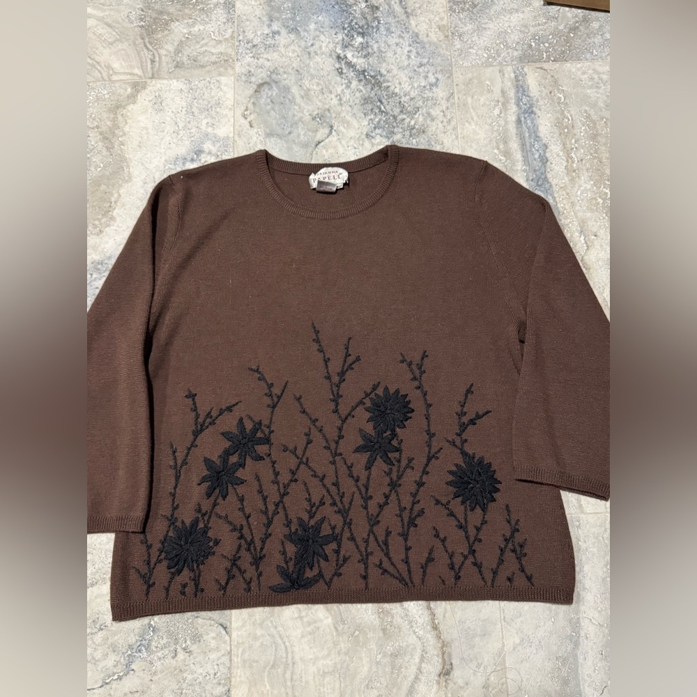 Adrianna Papell Brown Top/sweater with Black Floral Design